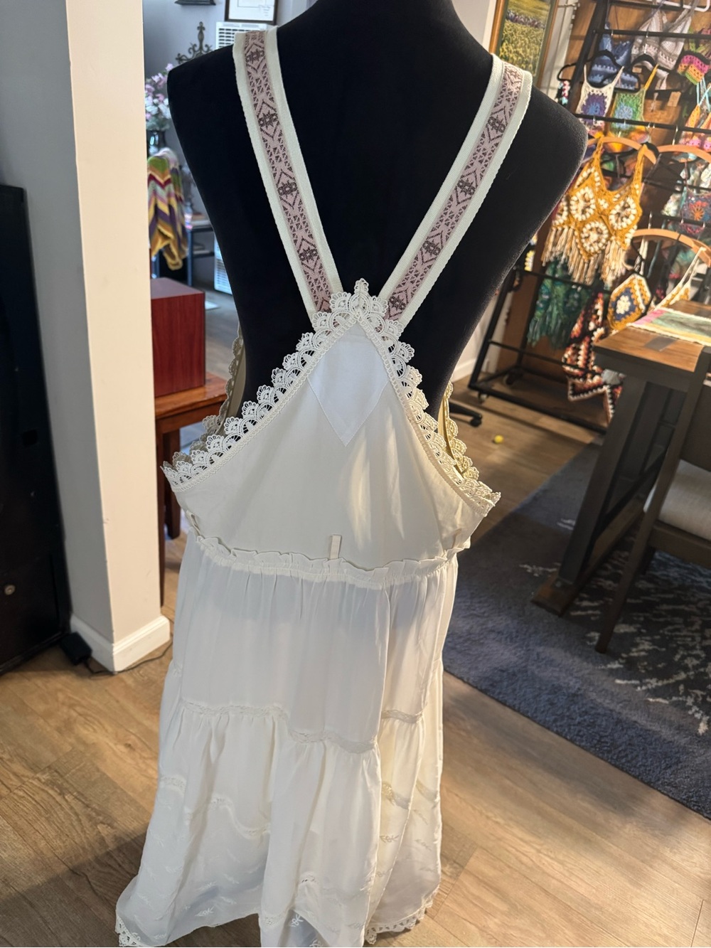 Boho Lace-Trim Cream Maxi Pinafore Dress - Picture 4 of 6
